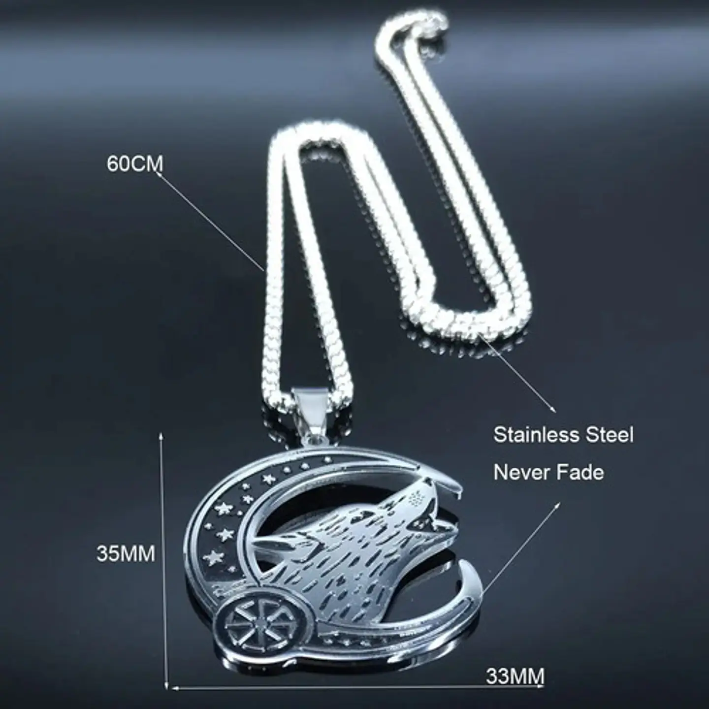 Collar Acero Inoxidable Color Plata Lobo Luna Vikingo Hombre 5