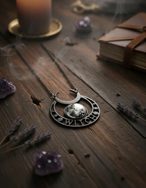 Collar Acero Inoxidable Color Plata Luna Llena Wicca Mujer