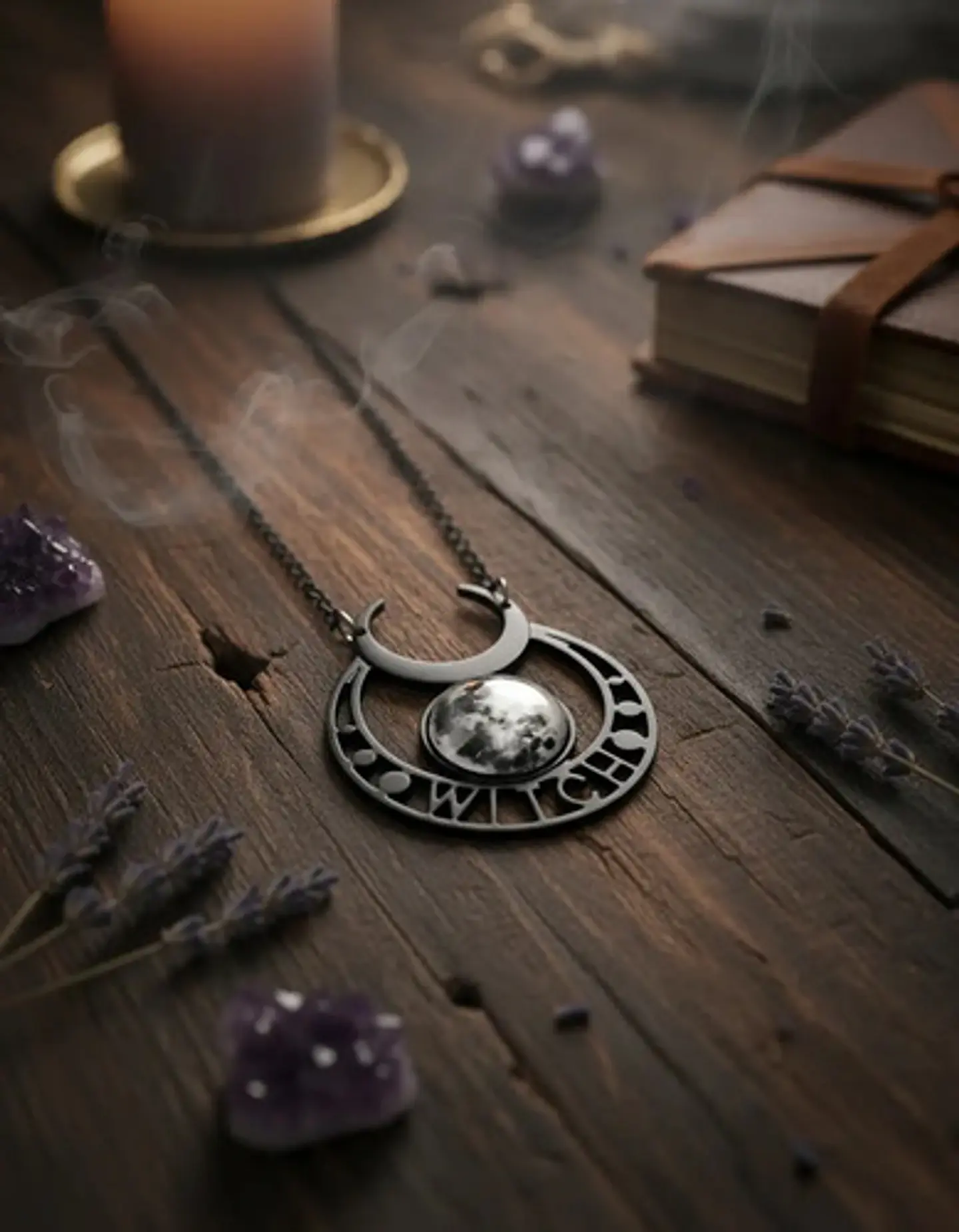 Collar Acero Inoxidable Color Plata Luna Llena Wicca Mujer 2