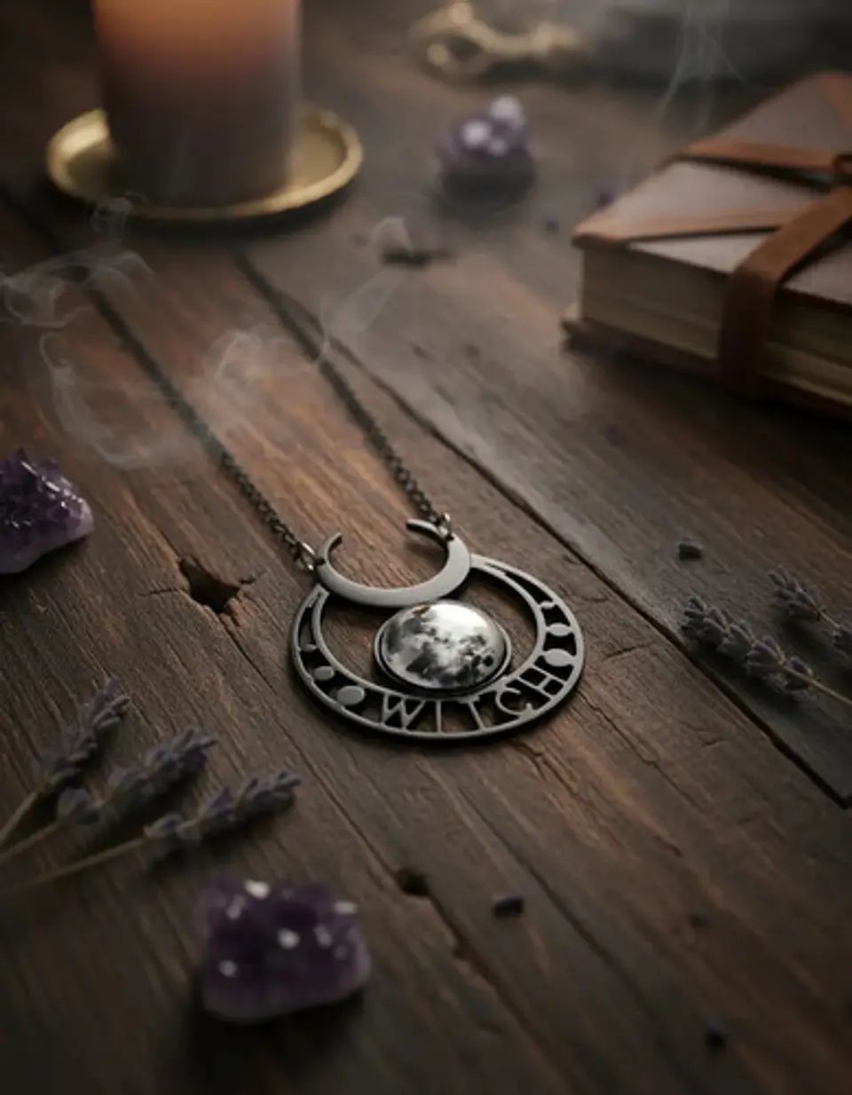 Collar Acero Inoxidable Color Plata Luna Llena Wicca Mujer 2