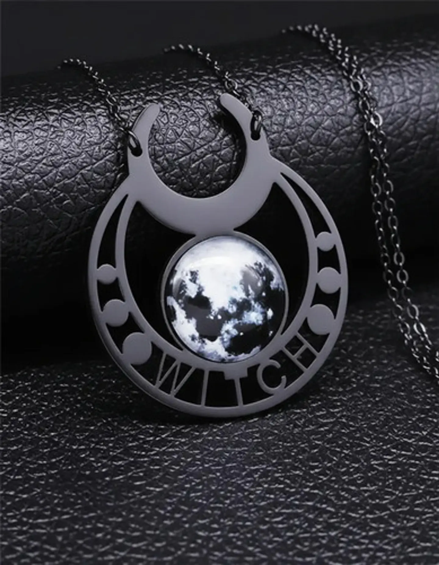Collar Acero Inoxidable Color Plata Luna Llena Wicca Mujer 5