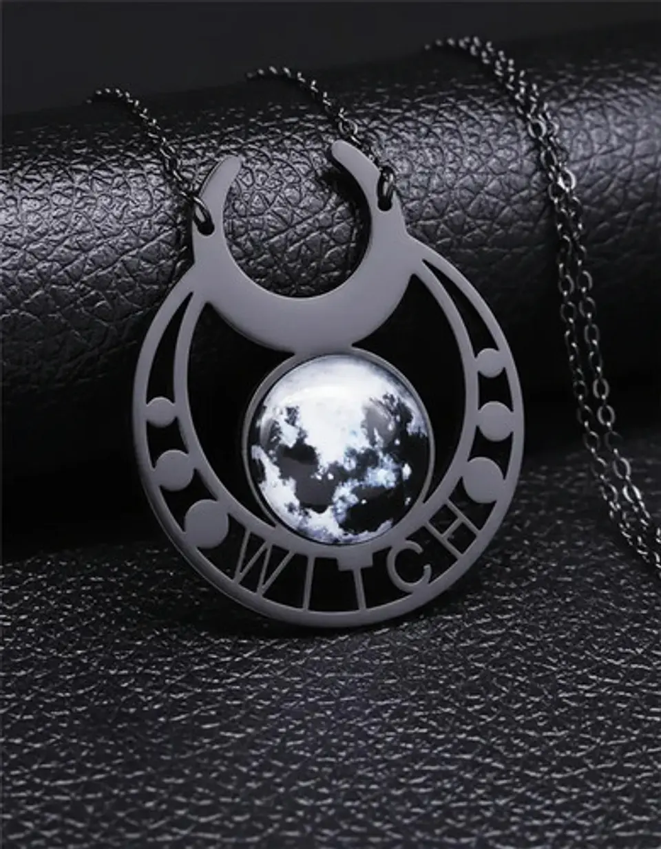 Collar Acero Inoxidable Color Plata Luna Llena Wicca Mujer 5