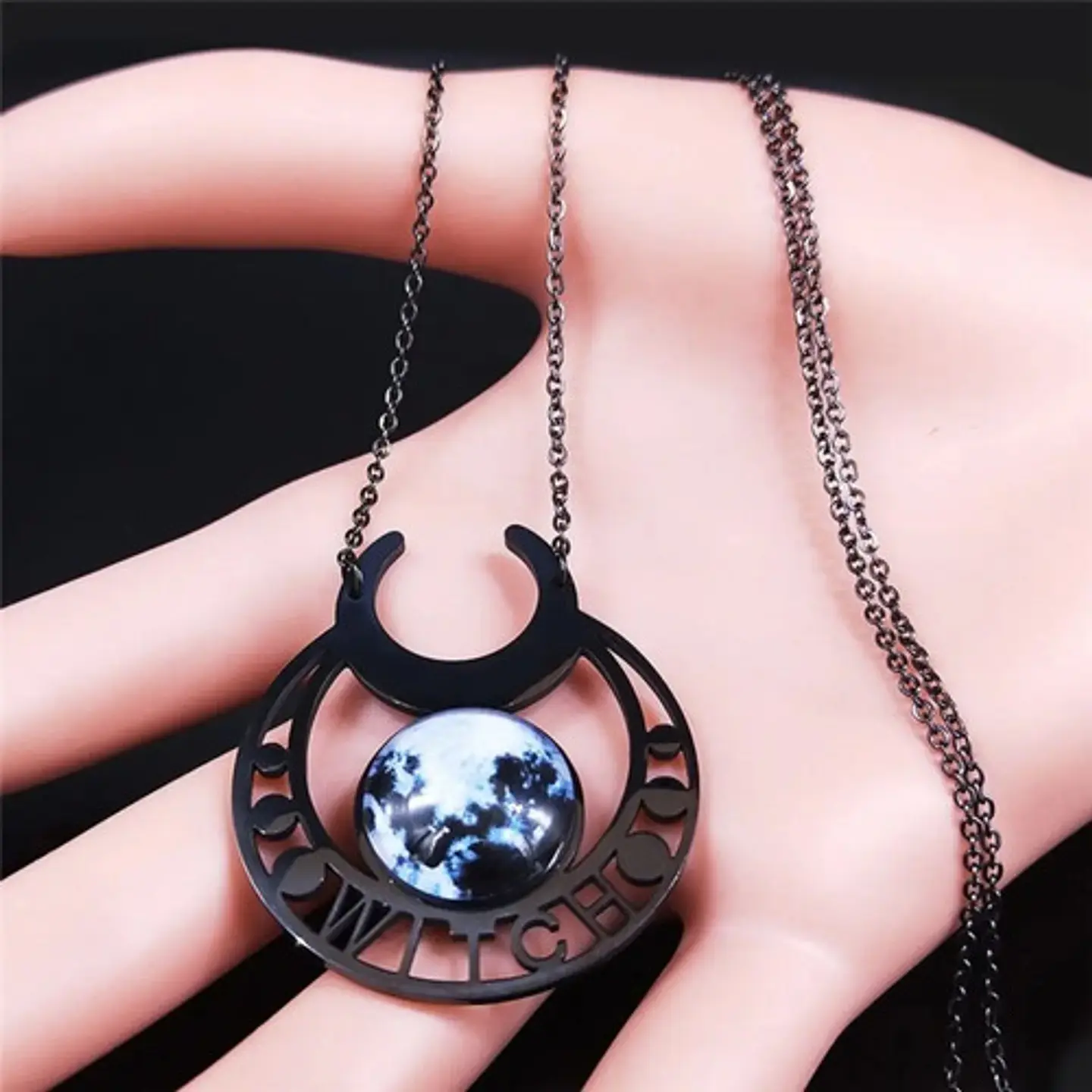Collar Acero Inoxidable Color Plata Luna Llena Wicca Mujer 6