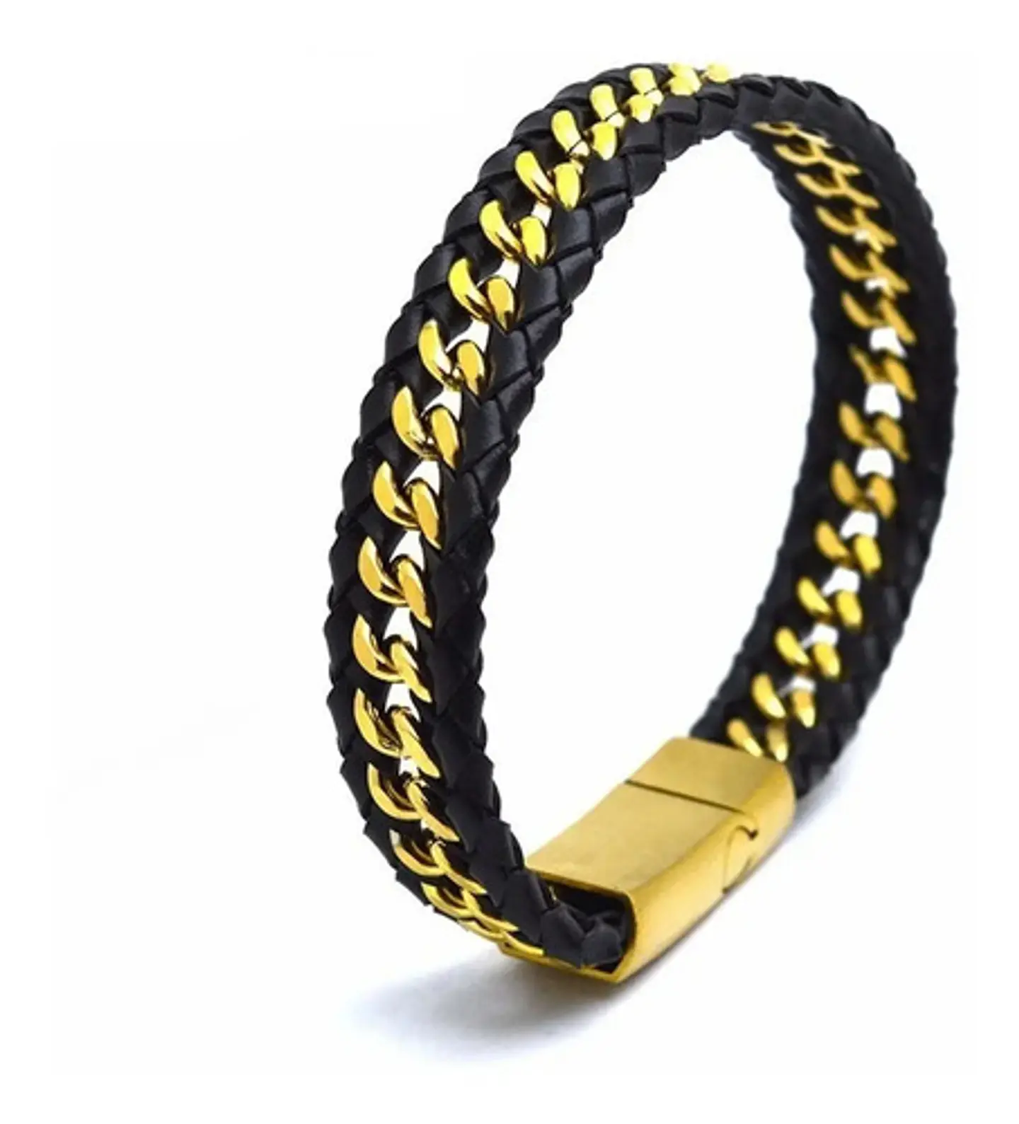 Pulsera Cuero Trenzada Acero Inoxidable Color Oro Hombre 1