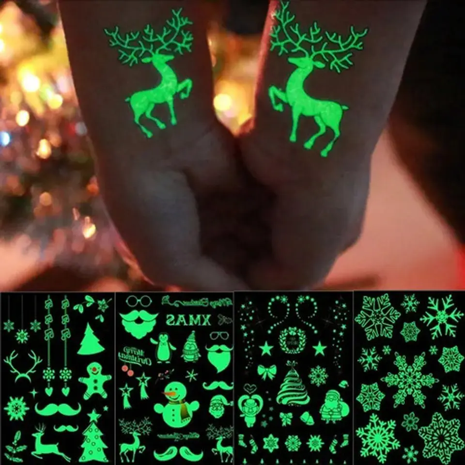 3 Cartones De Calcomanía Etiquetas Tatuaje Luminoso Navidad 5