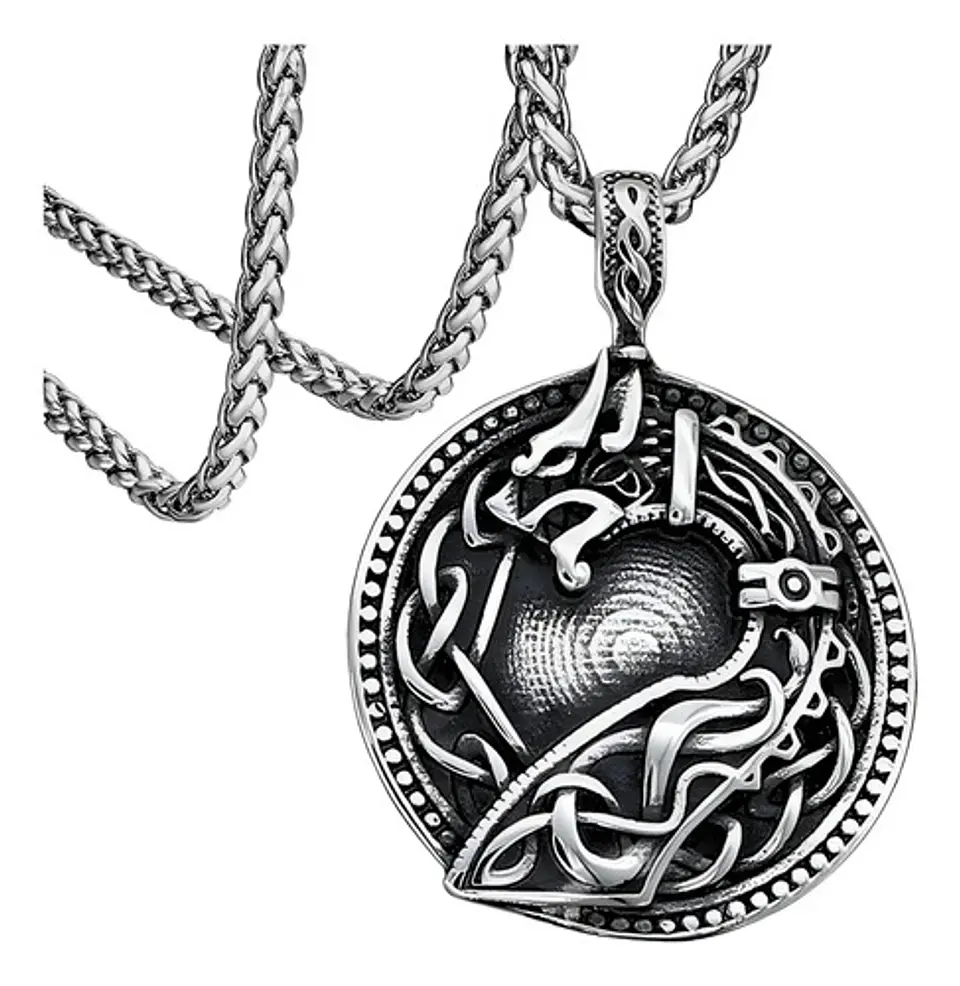 Collar Para Hombre Y Mujer Dije Vikingo Nudo Dragon Drakkar Plateado 1