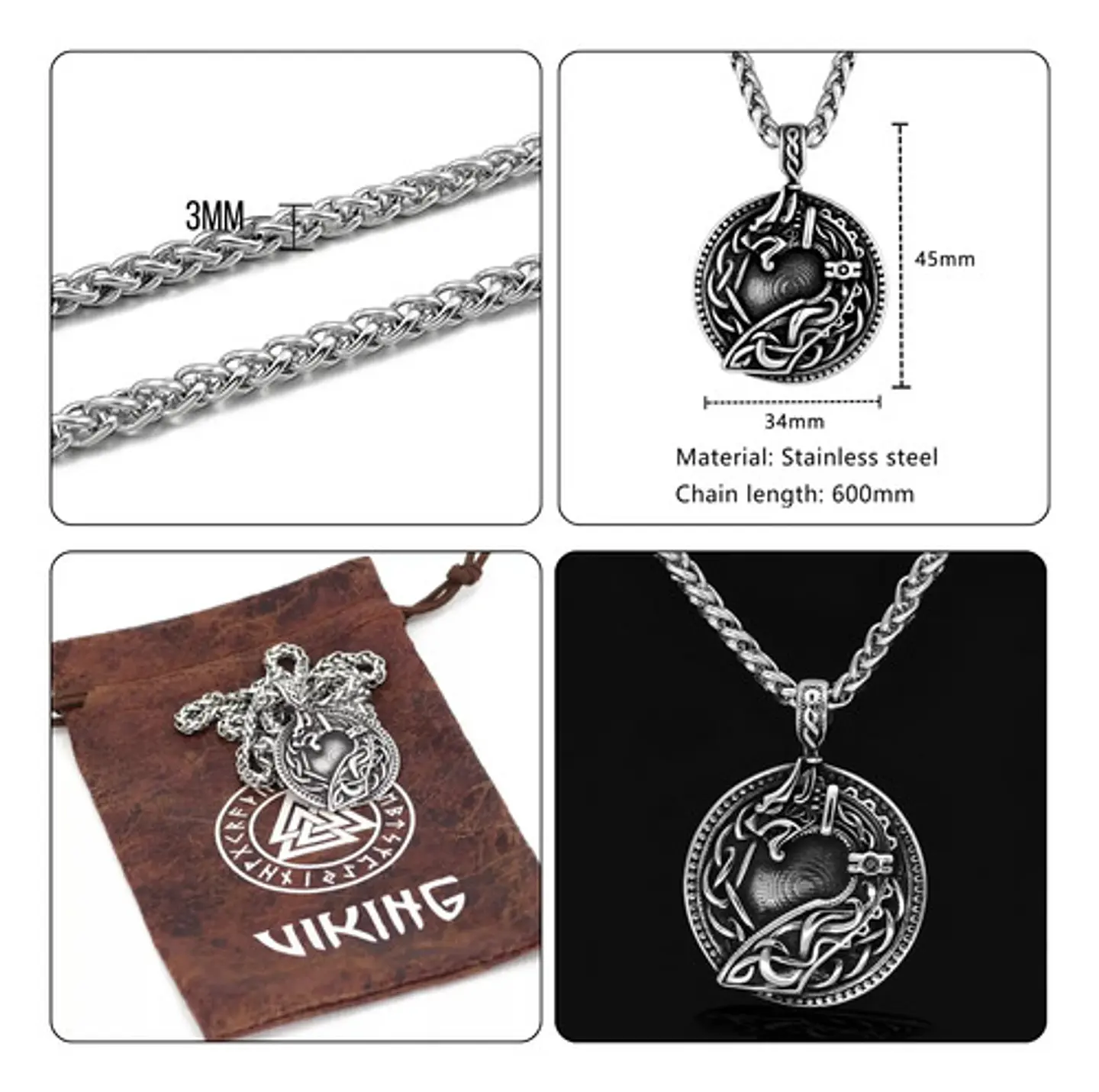 Collar Para Hombre Y Mujer Dije Vikingo Nudo Dragon Drakkar Plateado 2