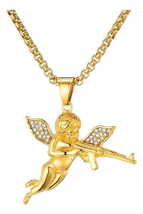 Collar Ángel Guerrero Acero Inoxidable Color Oro Para Hombre