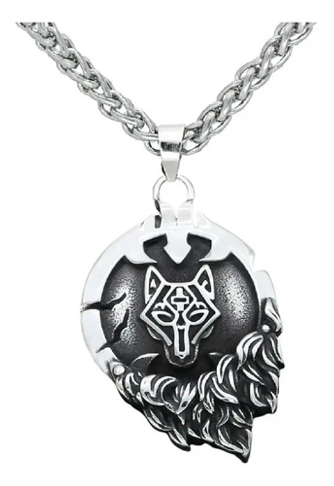 Collar Escudo En Llamas Lobo Vikingo Acero Inoxidable Hombre