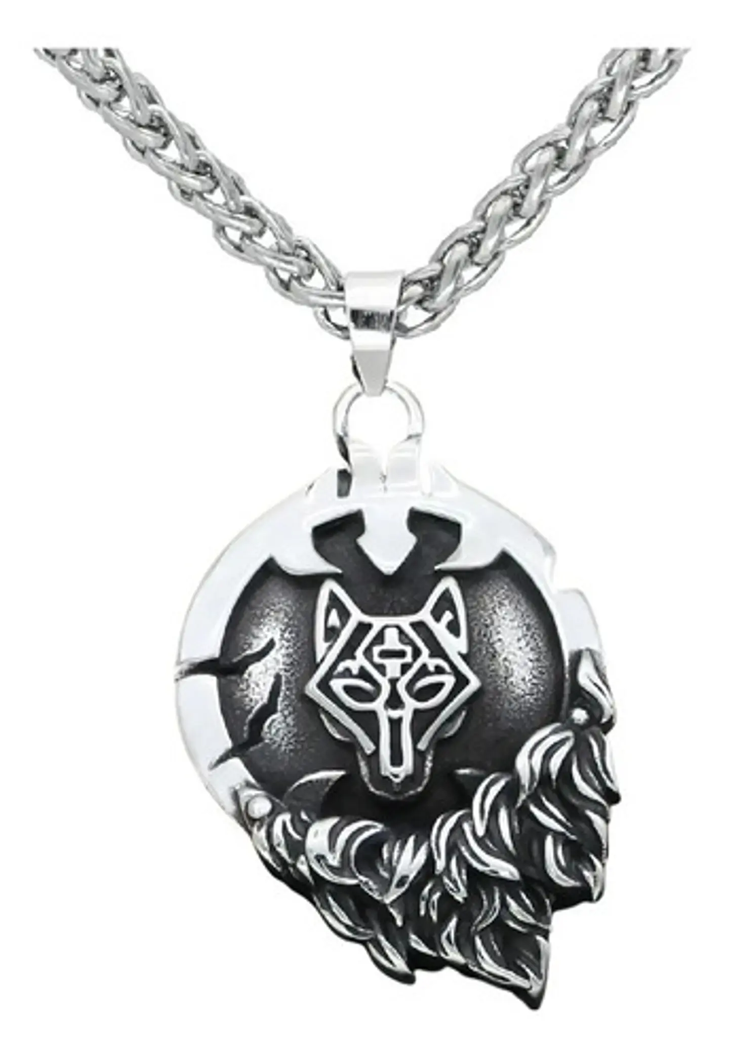 Collar Escudo En Llamas Lobo Vikingo Acero Inoxidable Hombre 1
