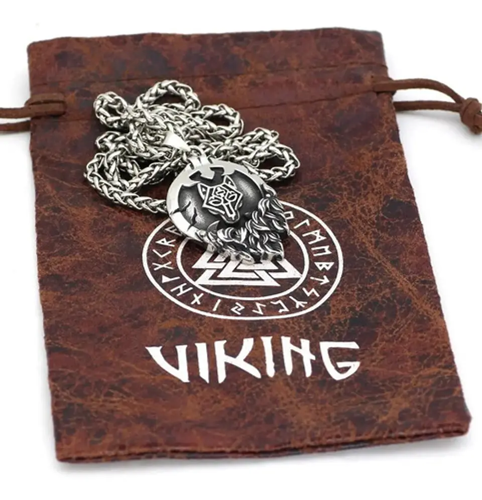 Collar Escudo En Llamas Lobo Vikingo Acero Inoxidable Hombre 2