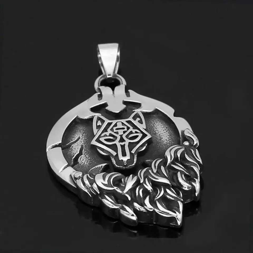 Collar Escudo En Llamas Lobo Vikingo Acero Inoxidable Hombre 5