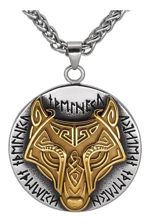 Collar Lobo Runas Vikingo Acero Inoxidable Color Oro Hombre