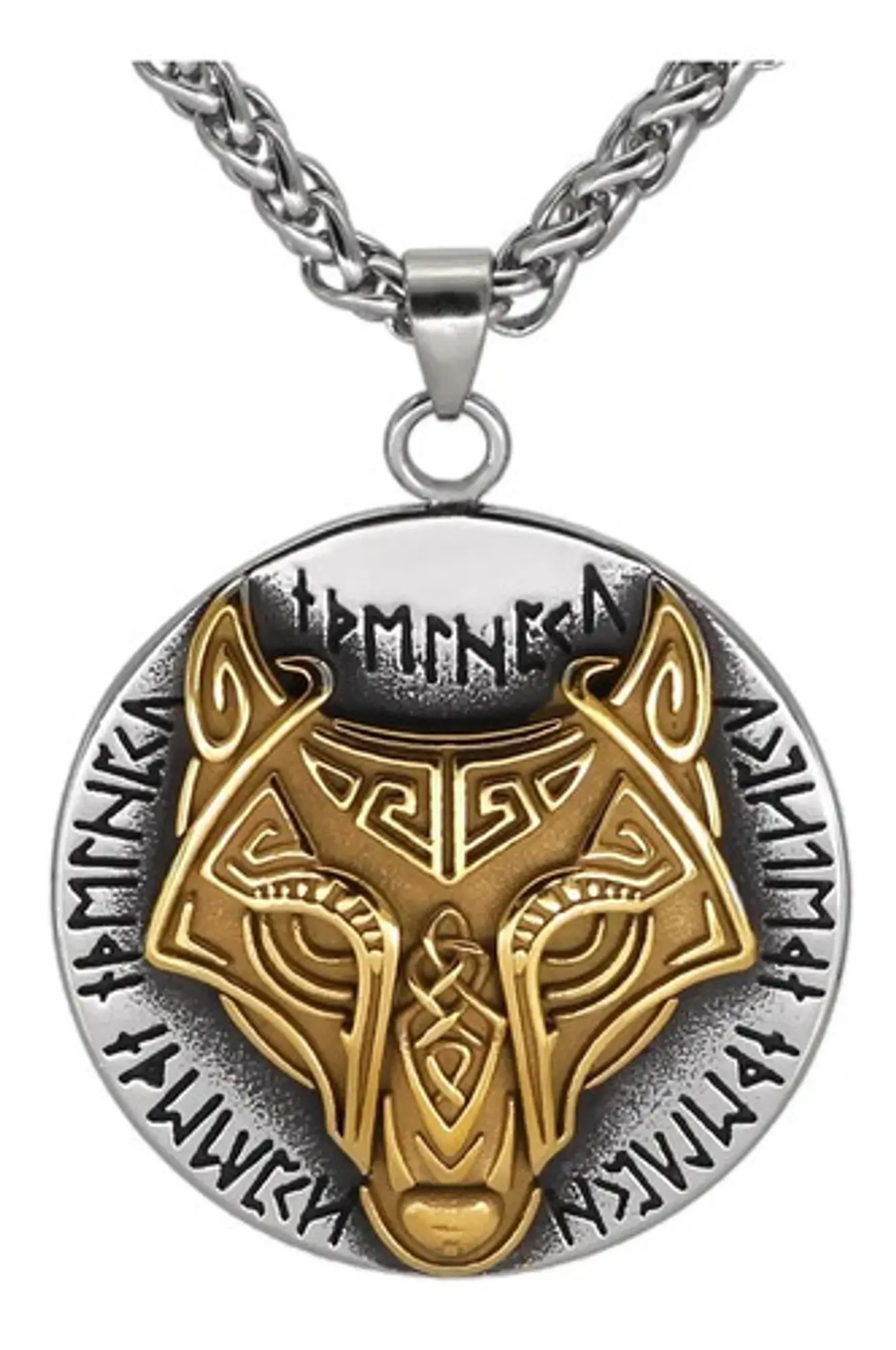 Collar Lobo Runas Vikingo Acero Inoxidable Color Oro Hombre 1