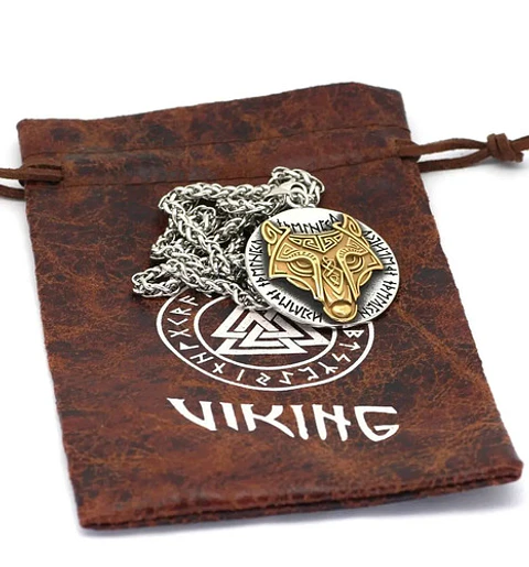 Collar Lobo Runas Vikingo Acero Inoxidable Color Oro Hombre