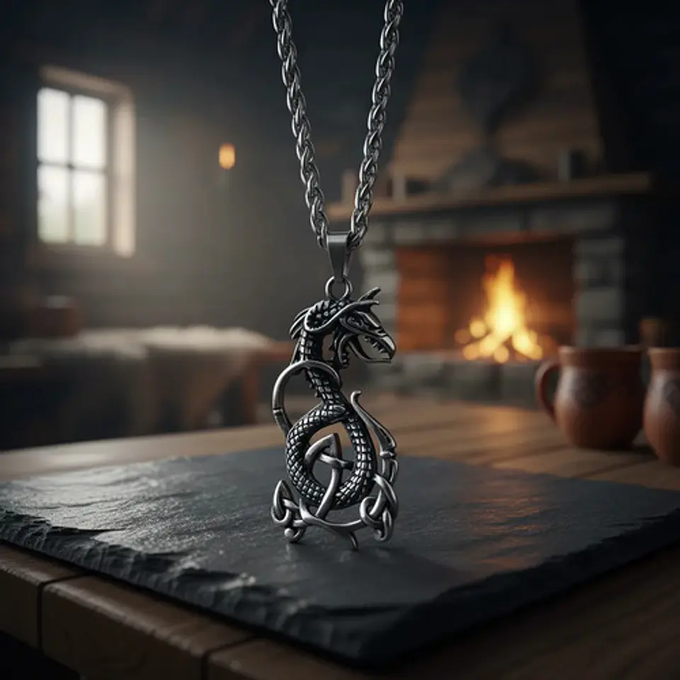 Collar Vikingo En Acero Para Hombre Dije Dragon Color Plata 8