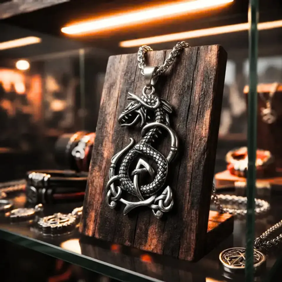Collar Vikingo En Acero Para Hombre Dije Dragon Color Plata 11