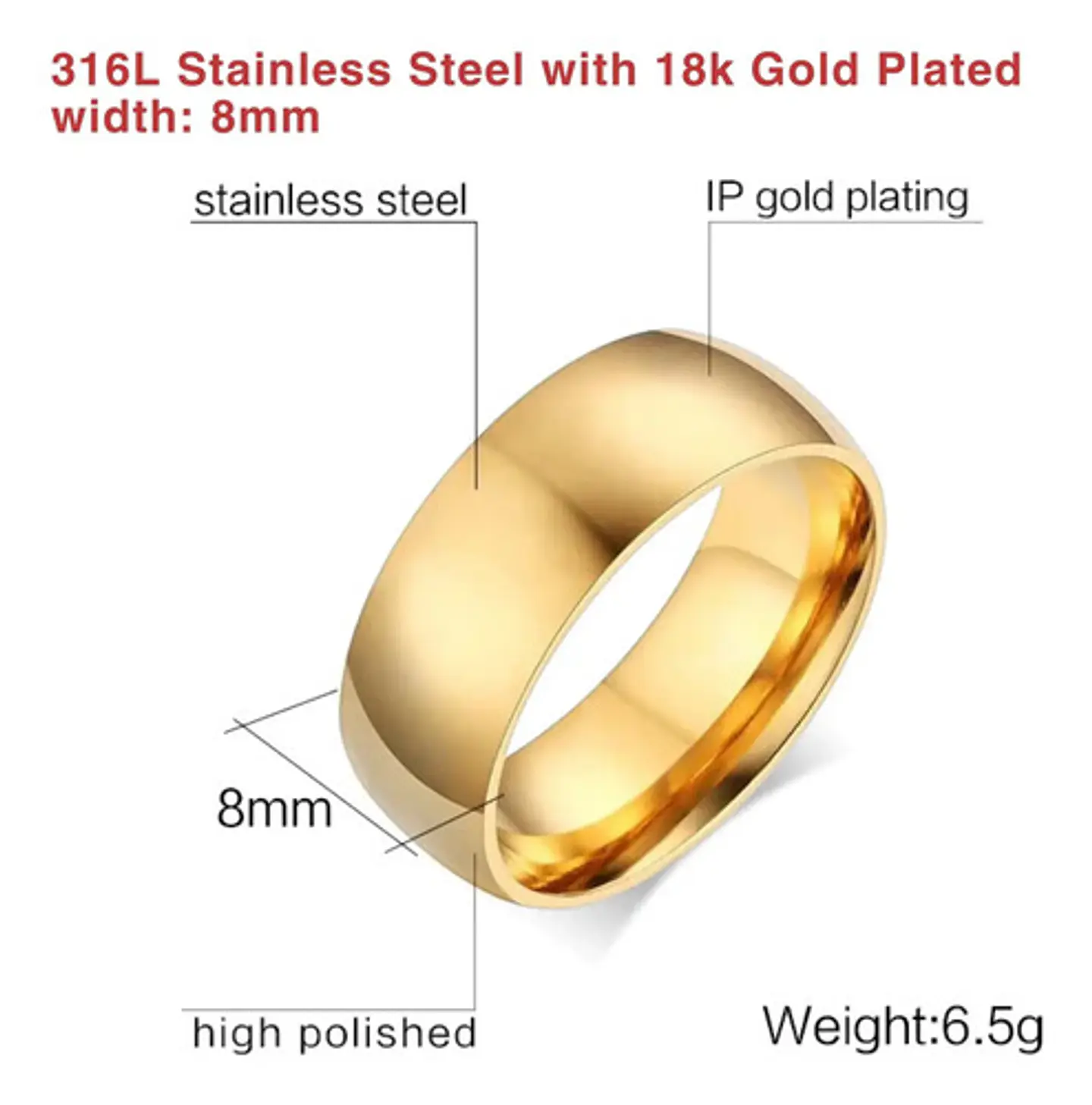 Anillo Argolla Color Oro Lisa 8mm Acero Inoxidable Hombre 2