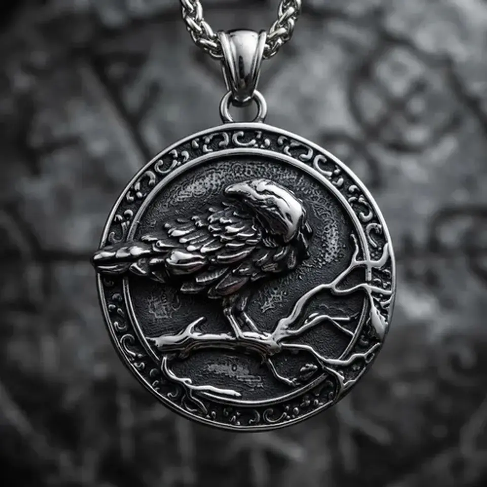 Collar Vikingo Amuleto Acero Para Hombre Dije Raven Valknut 2