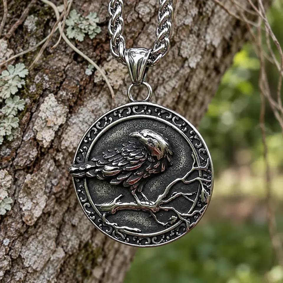 Collar Vikingo Amuleto Acero Para Hombre Dije Raven Valknut 3