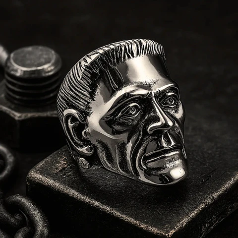 Anillo Para Hombre Cabeza De Frankenstein Acero Color Plata