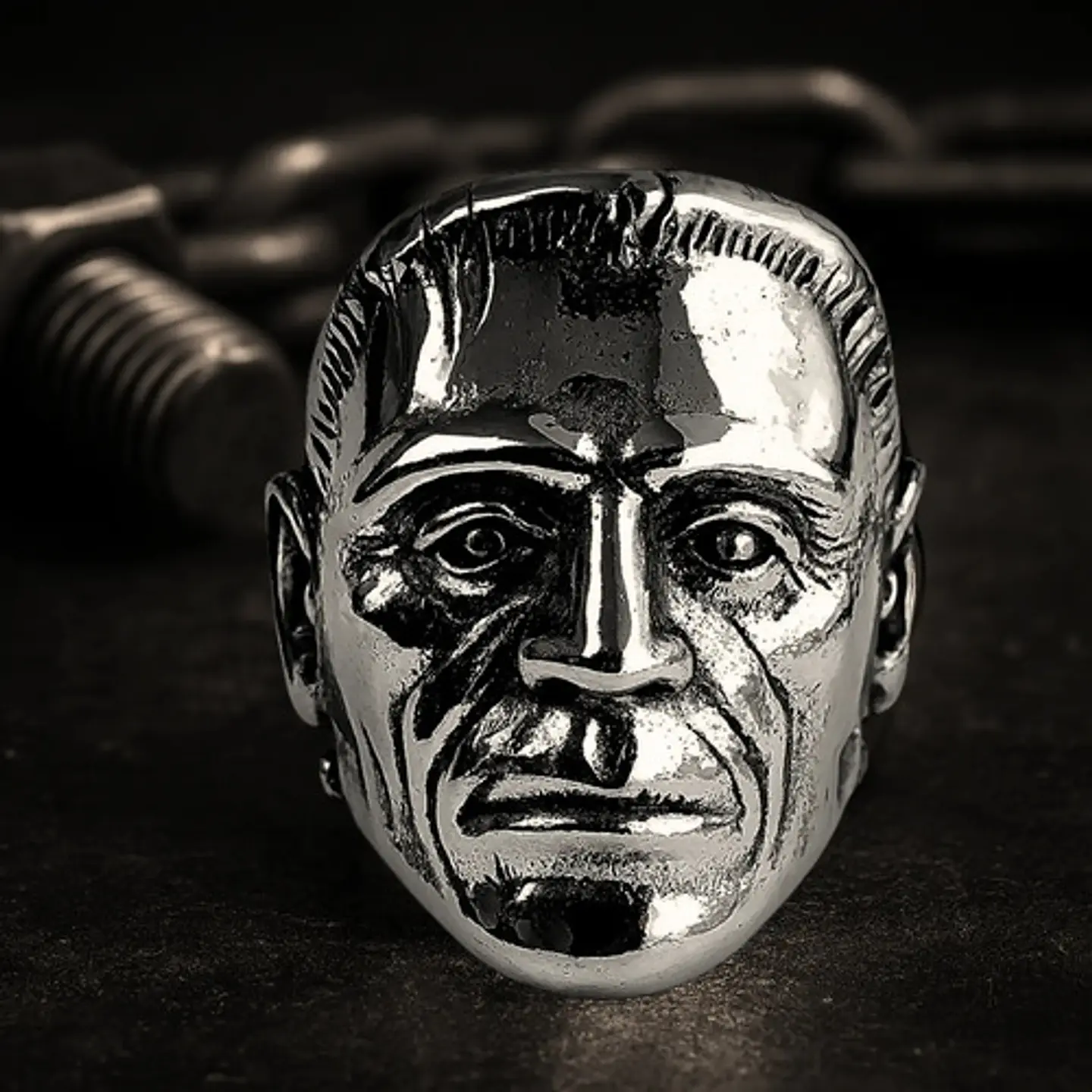 Anillo Para Hombre Cabeza De Frankenstein Acero Color Plata 3