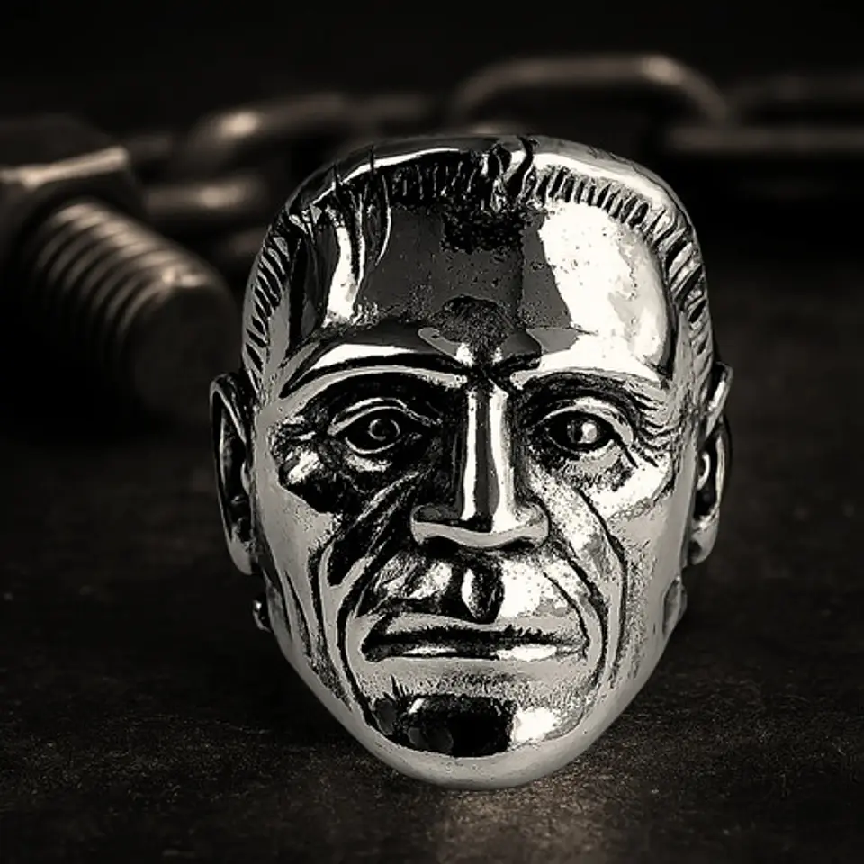 Anillo Para Hombre Cabeza De Frankenstein Acero Color Plata 3