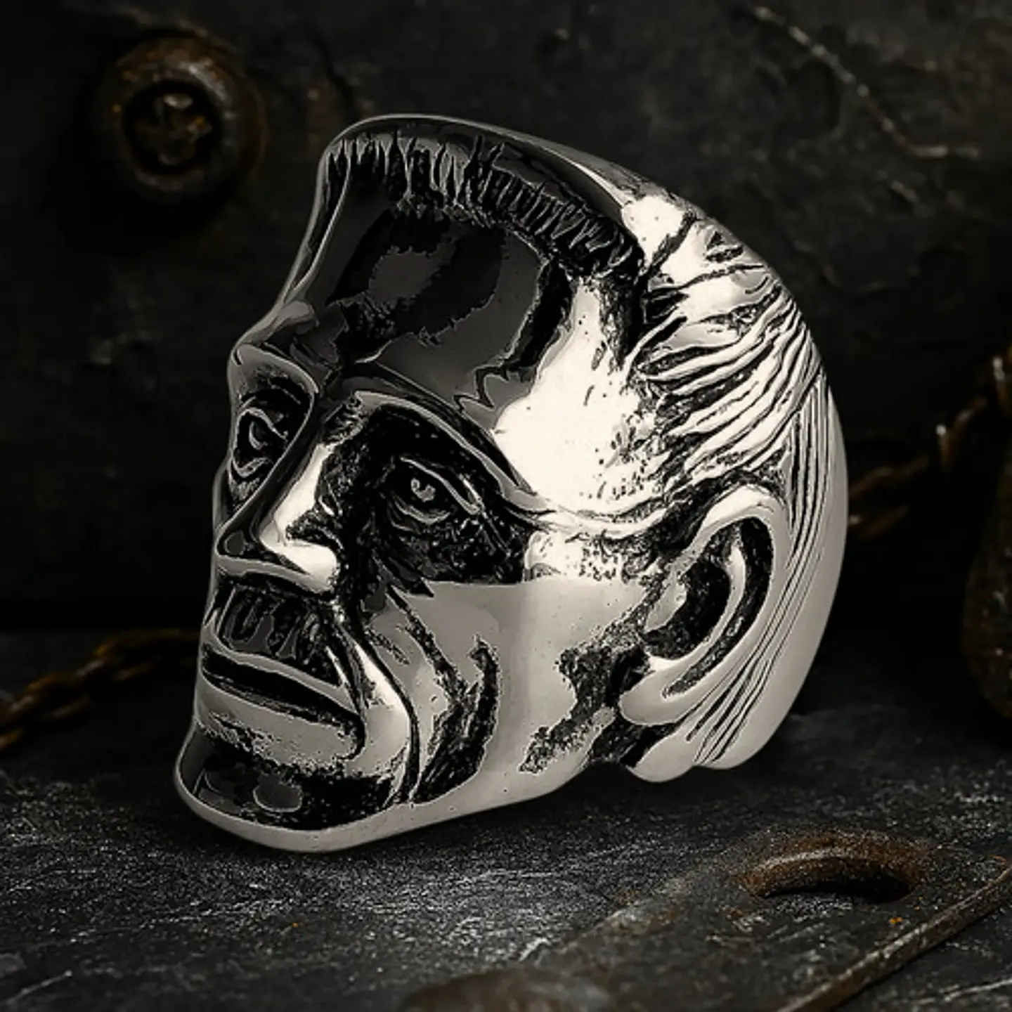 Anillo Para Hombre Cabeza De Frankenstein Acero Color Plata 4