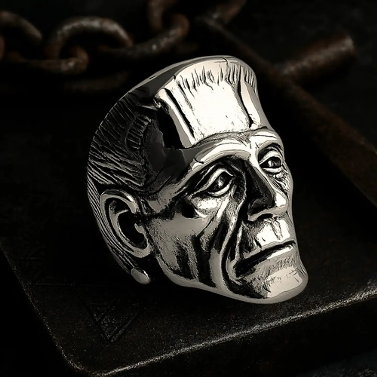 Anillo Para Hombre Cabeza De Frankenstein Acero Color Plata 5