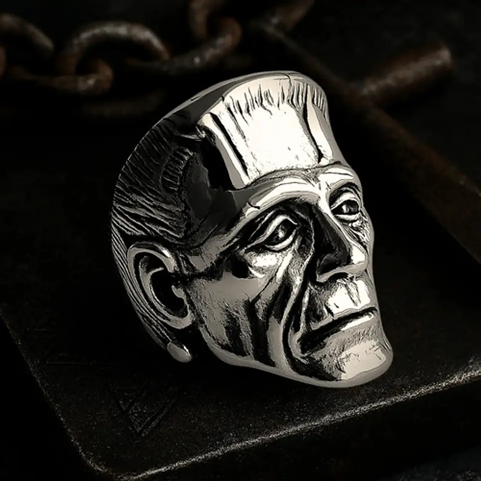 Anillo Para Hombre Cabeza De Frankenstein Acero Color Plata 5
