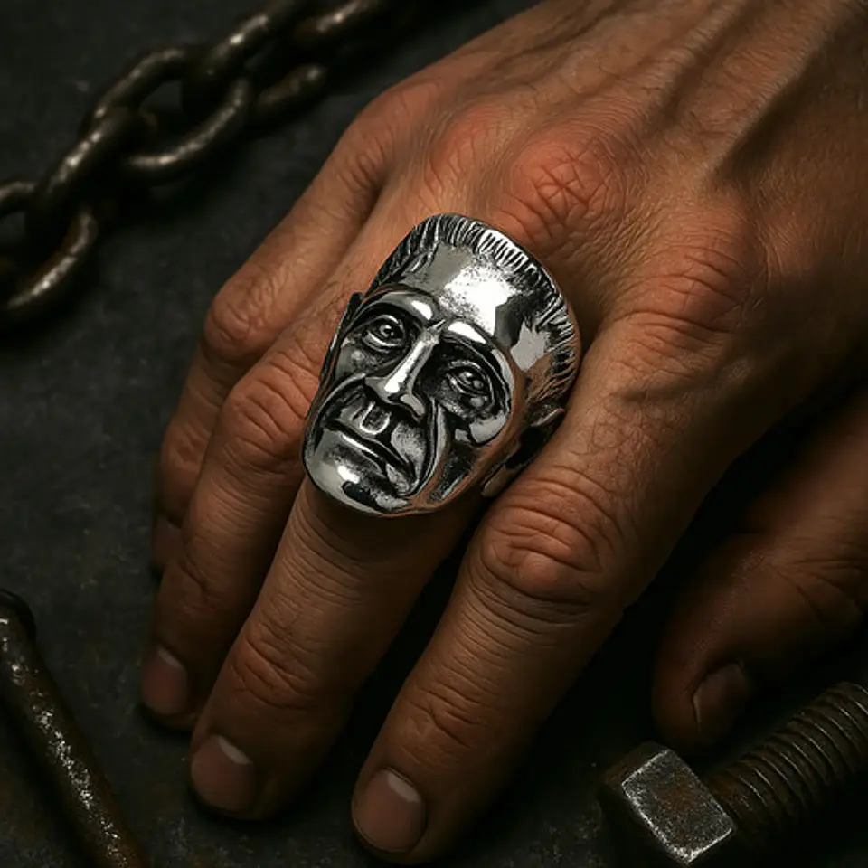 Anillo Para Hombre Cabeza De Frankenstein Acero Color Plata 8
