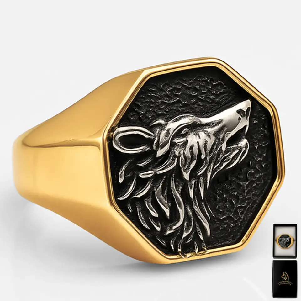 Anillo Color Oro Lobo Geri Y Freki Acero Inoxidable Hombre 1