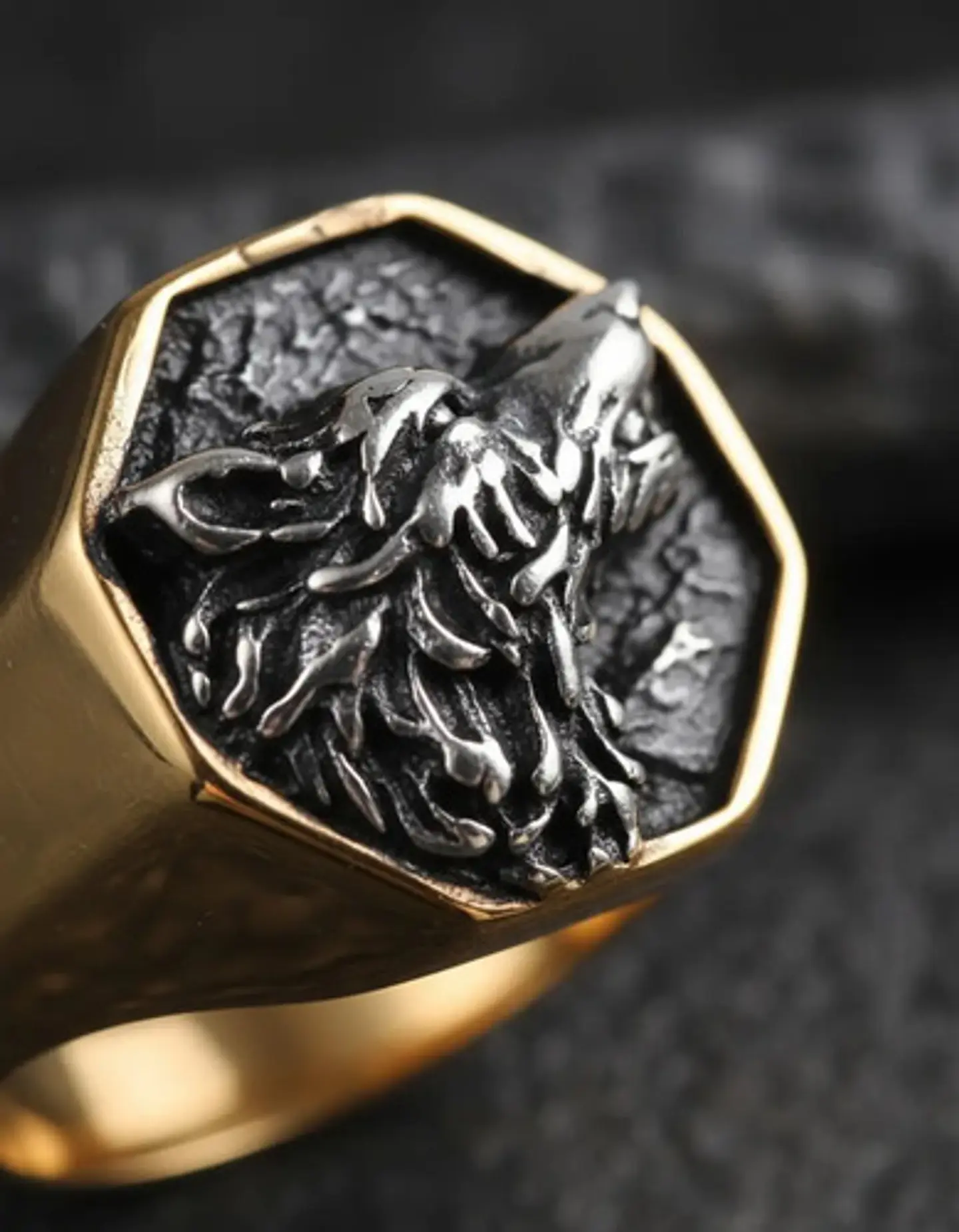 Anillo Color Oro Lobo Geri Y Freki Acero Inoxidable Hombre 5