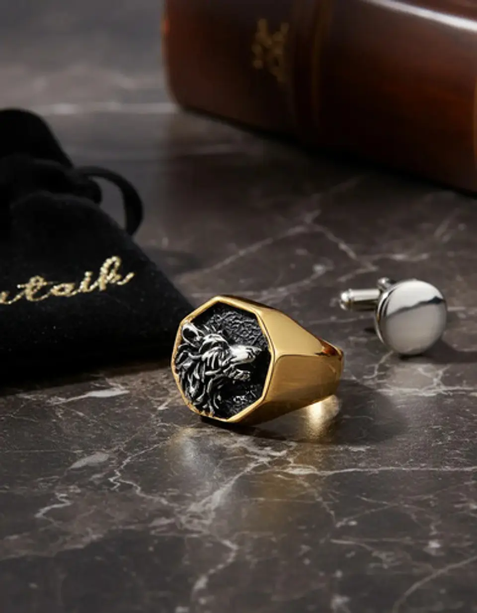 Anillo Color Oro Lobo Geri Y Freki Acero Inoxidable Hombre 6