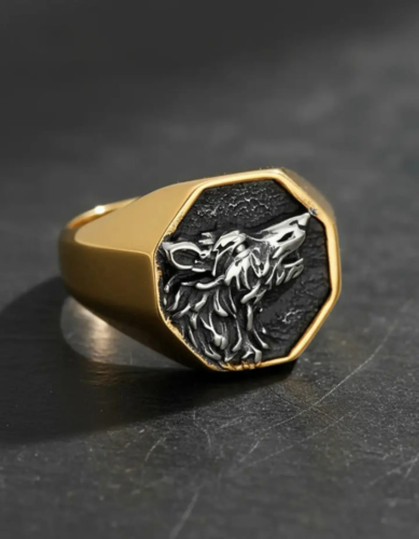 Anillo Color Oro Lobo Geri Y Freki Acero Inoxidable Hombre 7