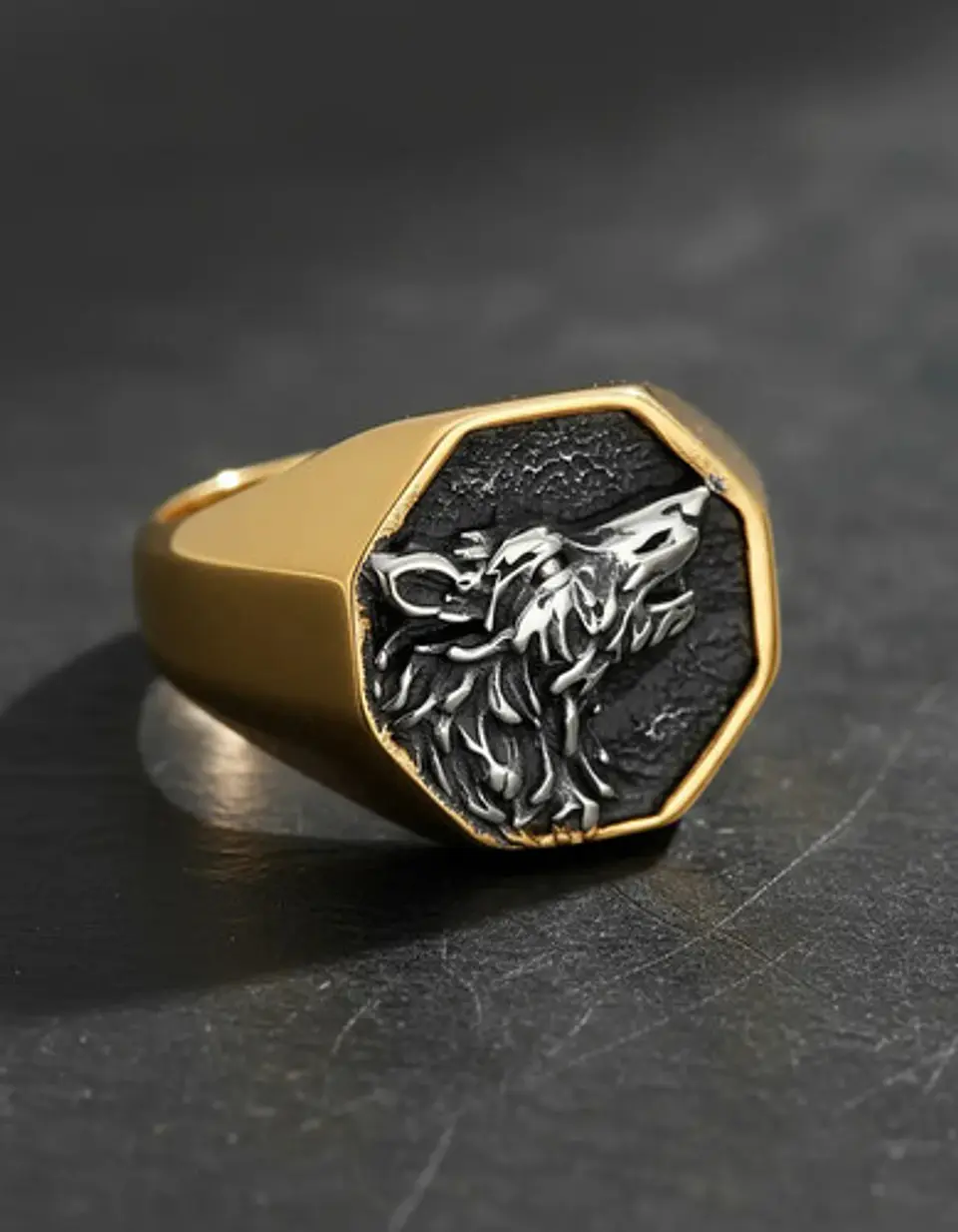 Anillo Color Oro Lobo Geri Y Freki Acero Inoxidable Hombre 7