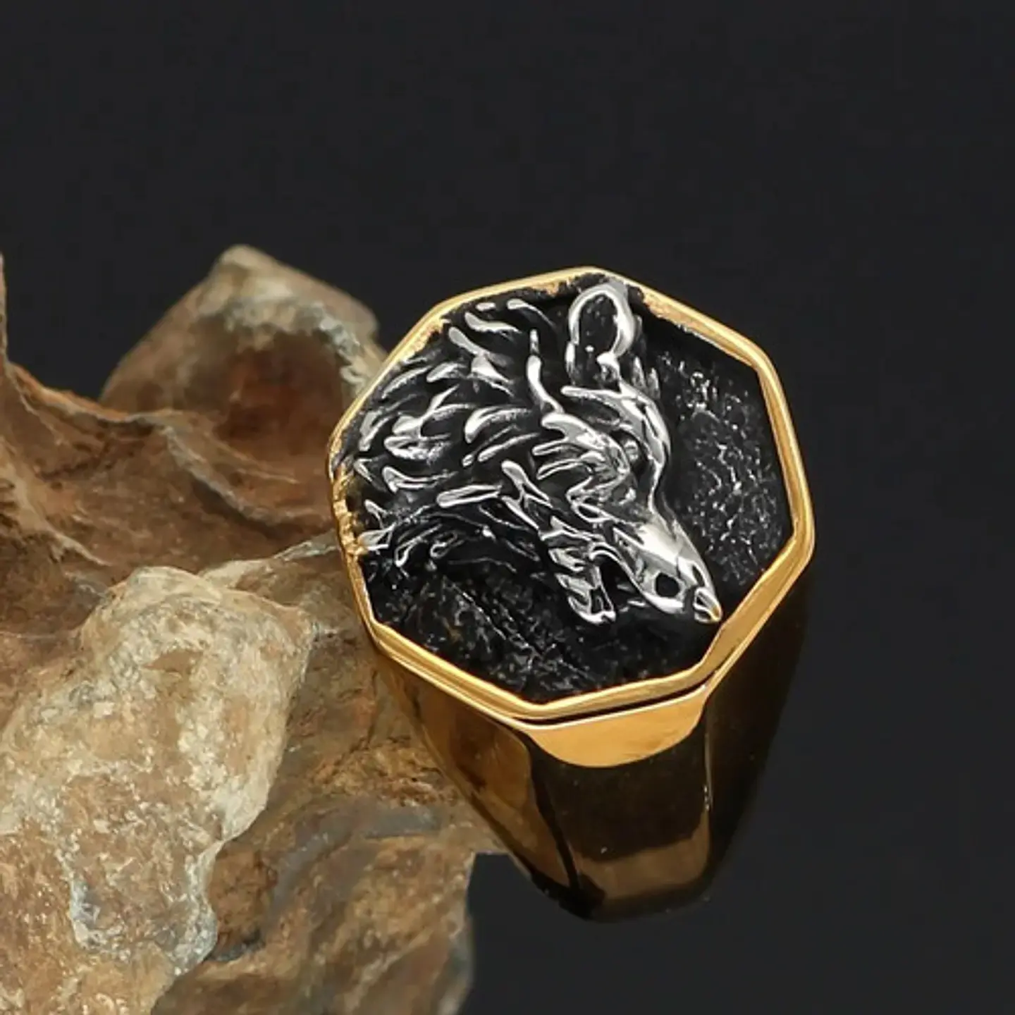 Anillo Color Oro Lobo Geri Y Freki Acero Inoxidable Hombre 9