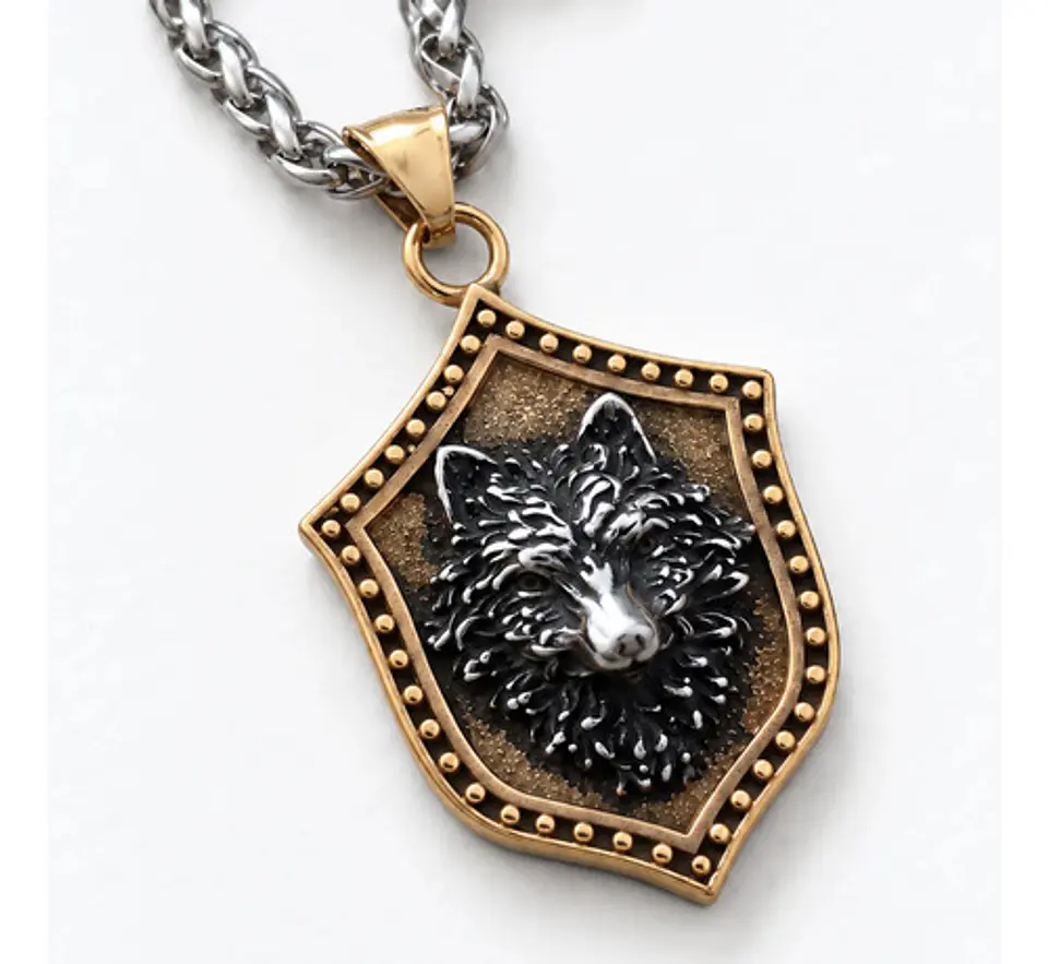 Collar Vikingo En Acero Para Hombre Y Mujer Dije Escudo Lobo 1