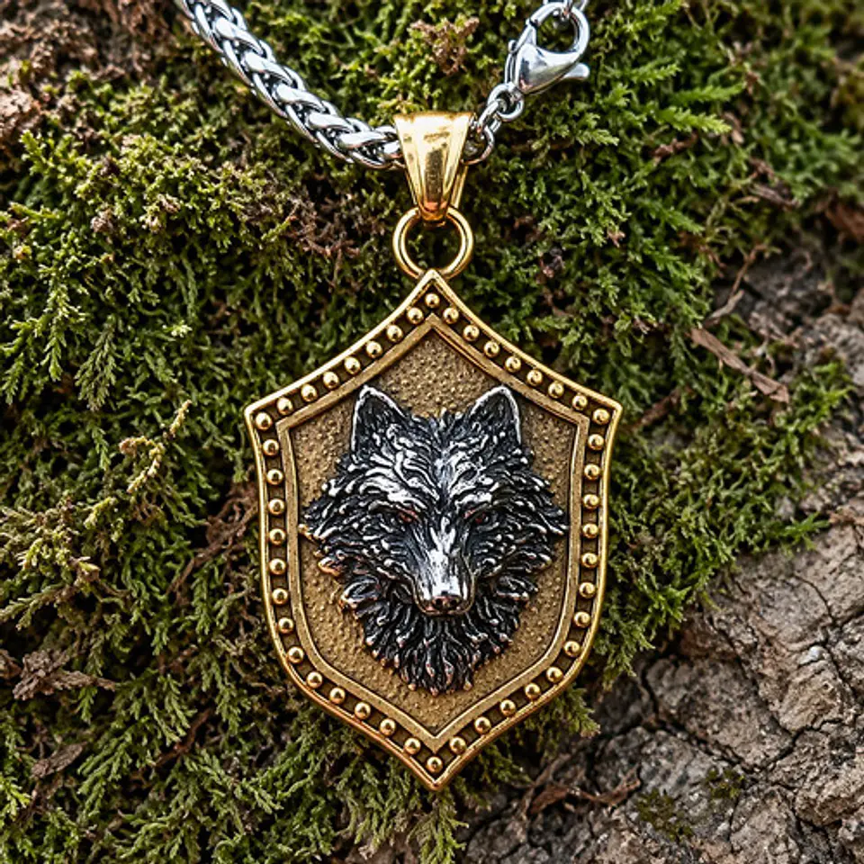 Collar Vikingo En Acero Para Hombre Y Mujer Dije Escudo Lobo 6