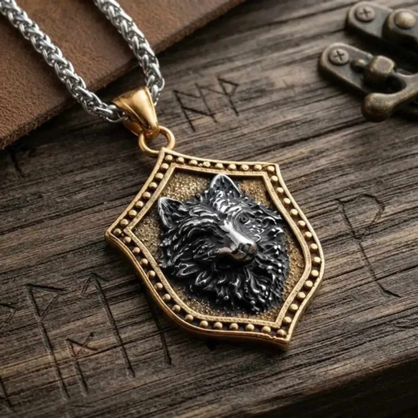 Collar Vikingo En Acero Para Hombre Y Mujer Dije Escudo Lobo 12