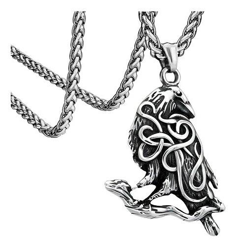 Collar Para Hombre Mujer Con Dije Nudo Cuervo Raven Vikingo Plateado