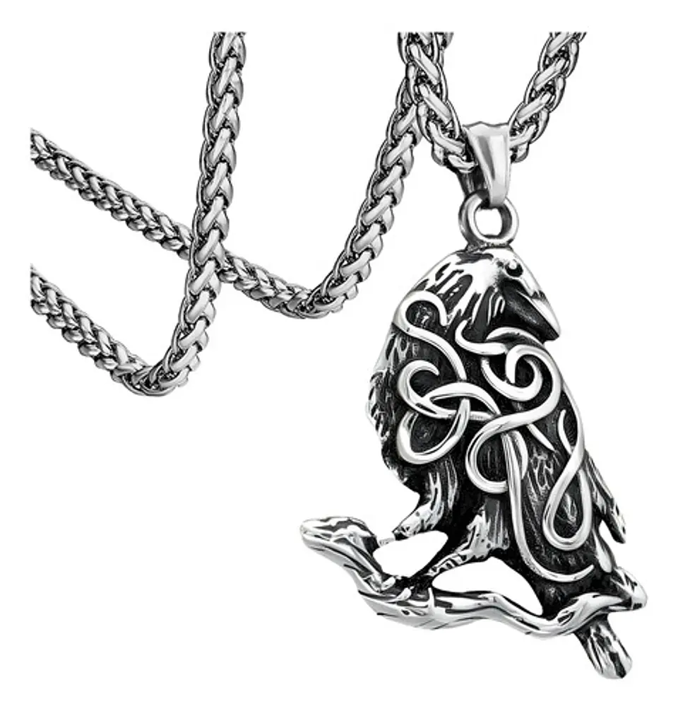 Collar Para Hombre Mujer Con Dije Nudo Cuervo Raven Vikingo Plateado 1