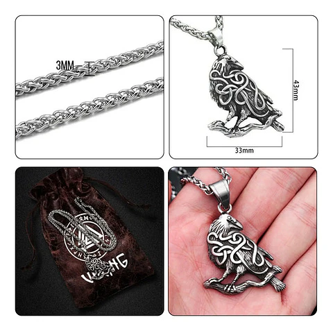 Collar Para Hombre Mujer Con Dije Nudo Cuervo Raven Vikingo Plateado