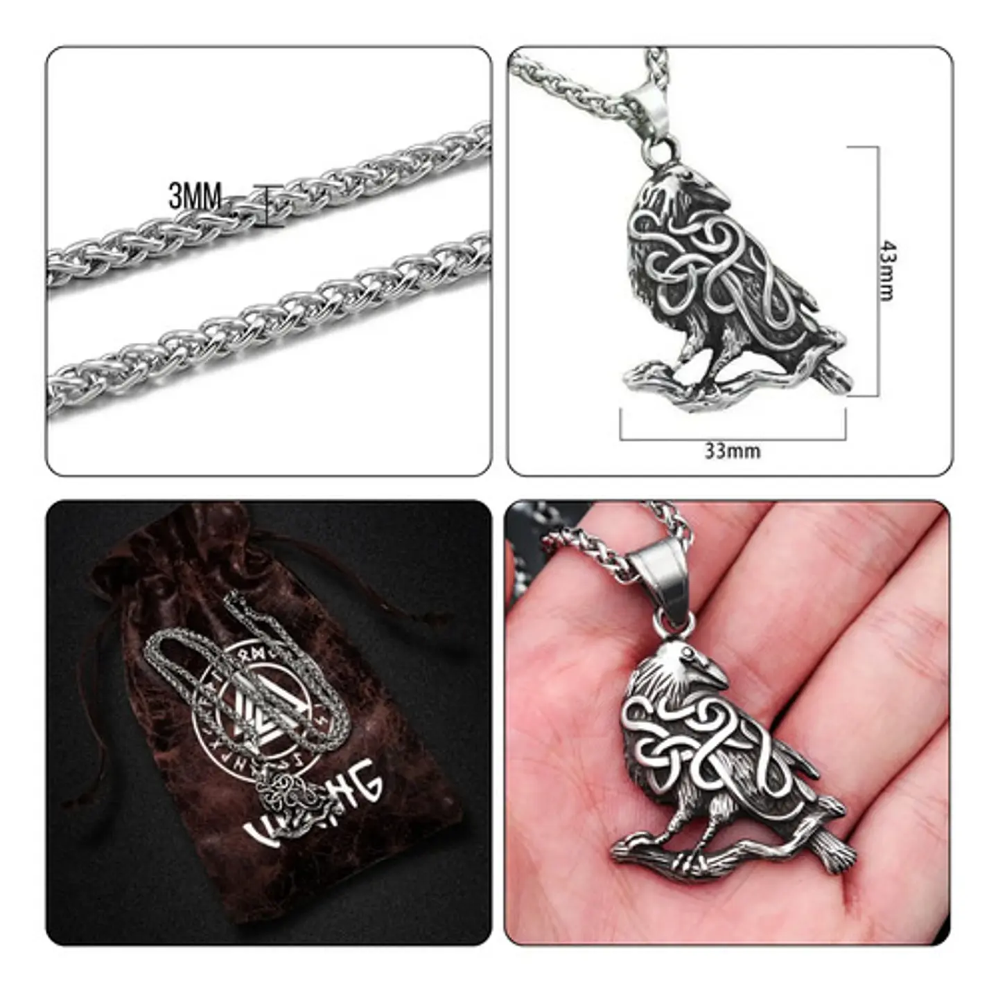 Collar Para Hombre Mujer Con Dije Nudo Cuervo Raven Vikingo Plateado 2