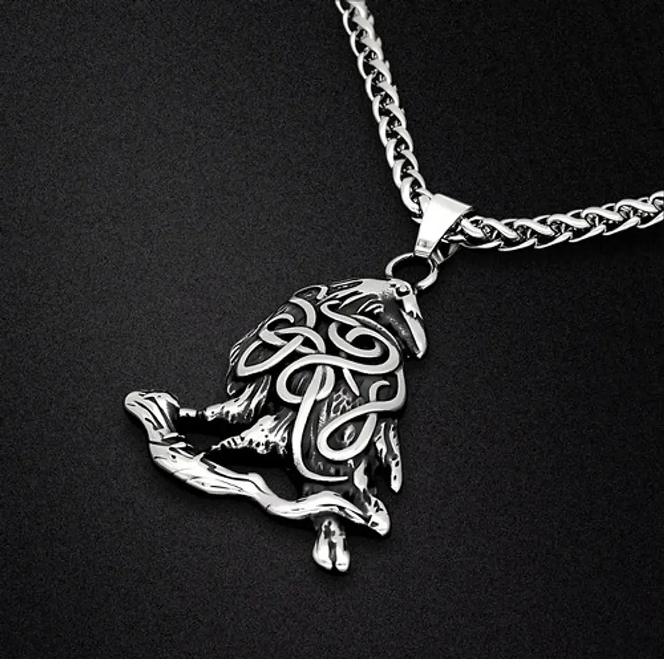 Collar Para Hombre Mujer Con Dije Nudo Cuervo Raven Vikingo Plateado 7