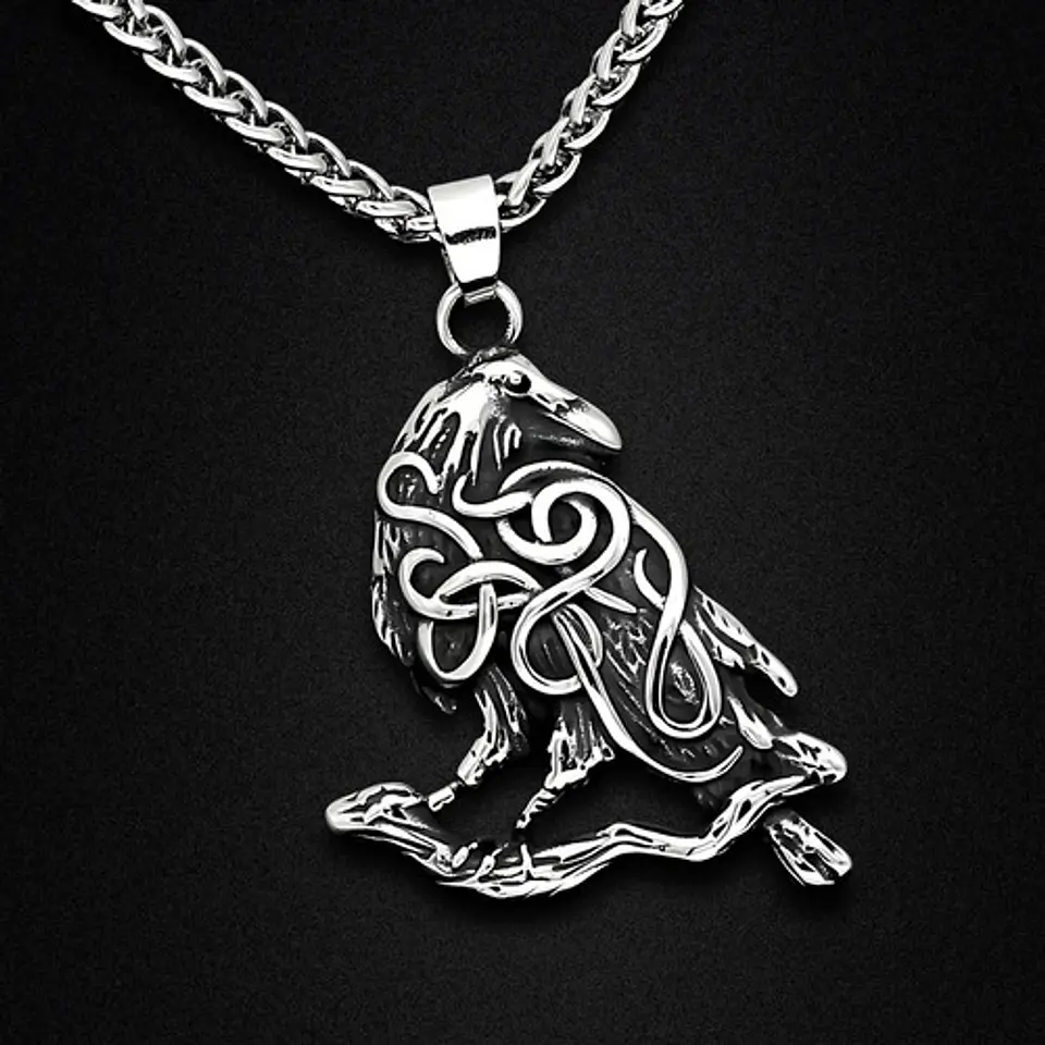 Collar Para Hombre Mujer Con Dije Nudo Cuervo Raven Vikingo Plateado 8
