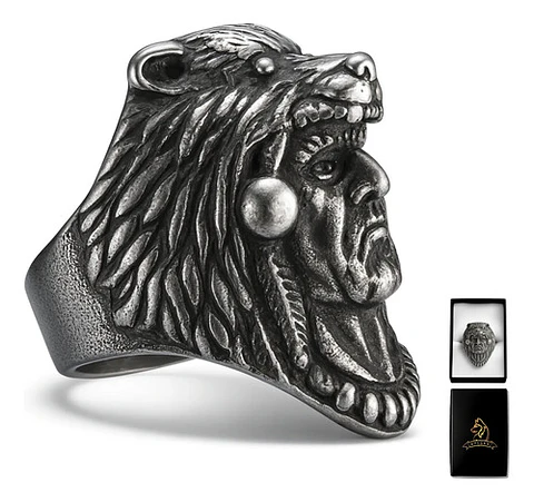 Anillo Para Hombre Lobo Berserkers De Acero Color Plata