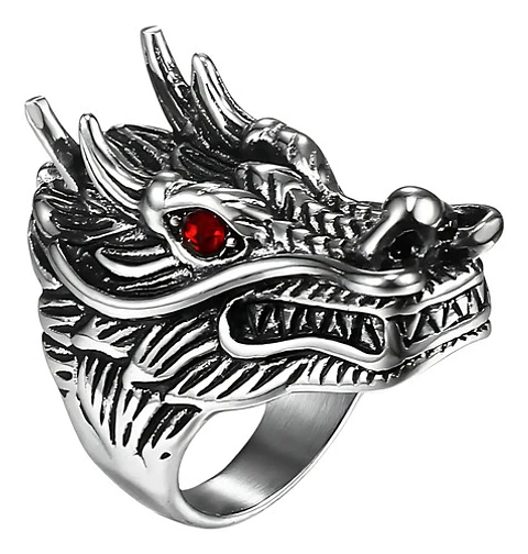 Anillo Piedra Cz Dragón Color Plata Acero Inoxidable Hombre