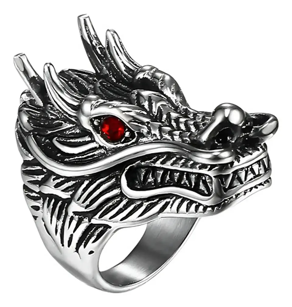 Anillo Piedra Cz Dragón Color Plata Acero Inoxidable Hombre 1