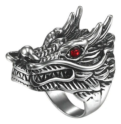Anillo Piedra Cz Dragón Color Plata Acero Inoxidable Hombre